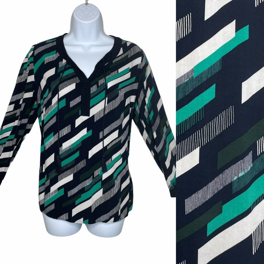 TOMMY HILFIGER Wms Sz M Green Geometric Blouse V Neck 3/4 Sleeve
